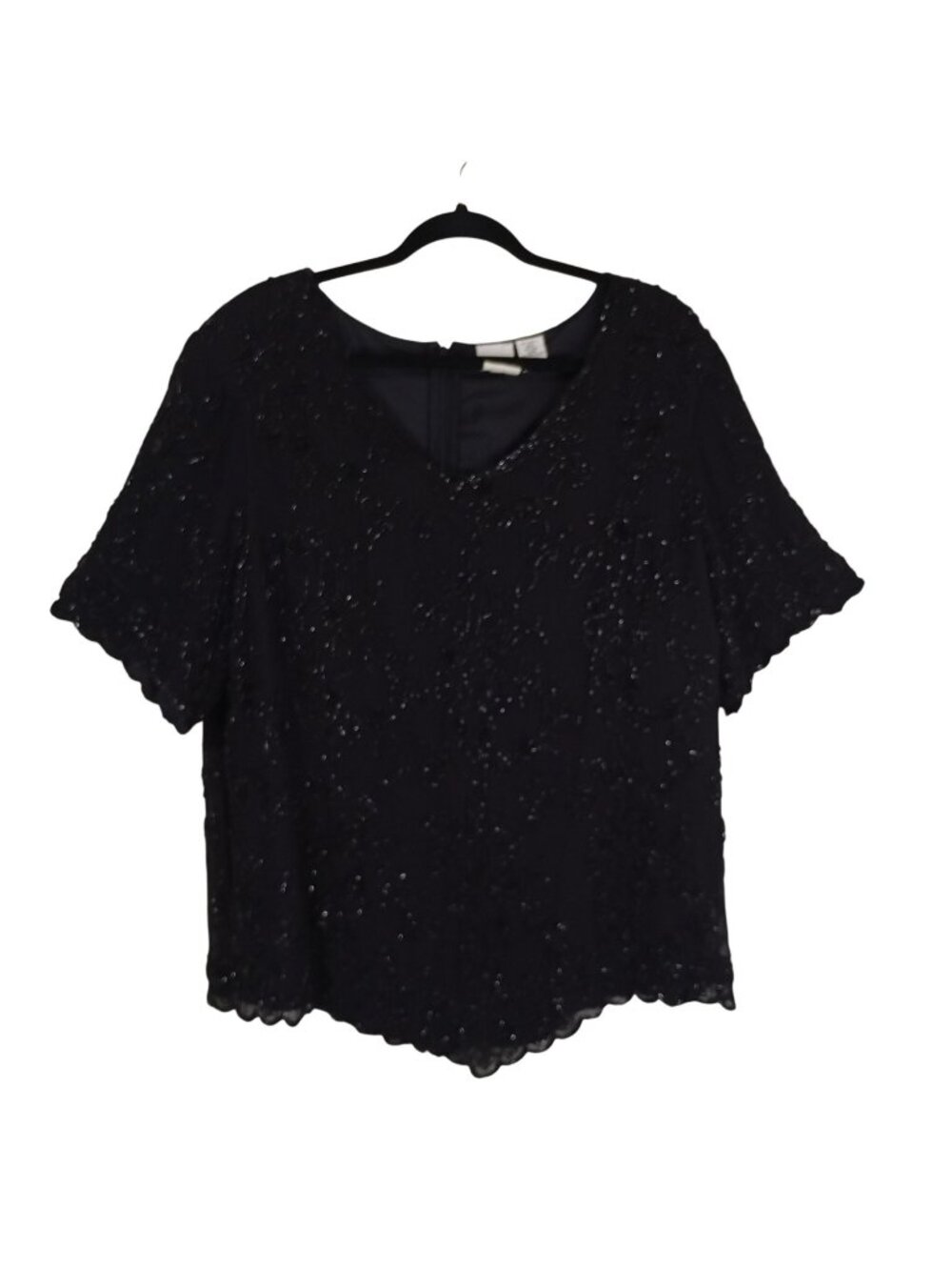 Roamans Black Beaded Silk Blouse  Floral Embellishment Size 22W Evening Wear